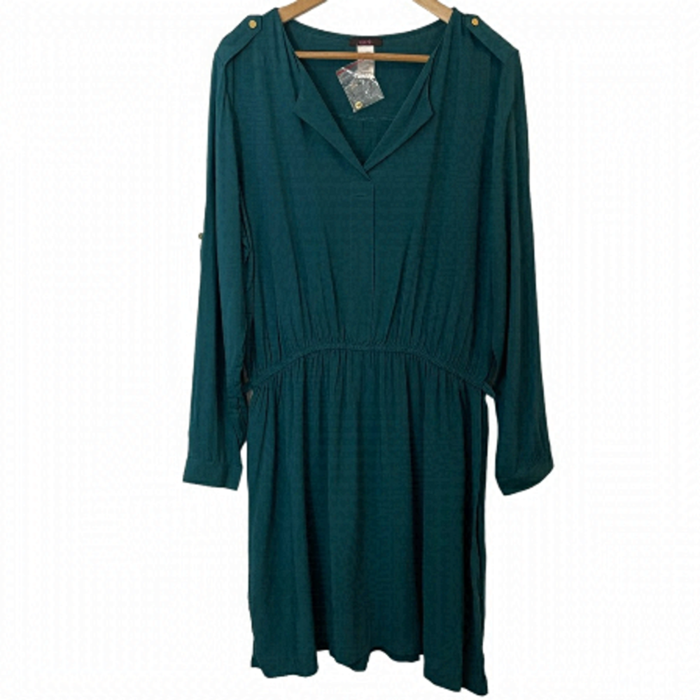 Mark Long Sleeve Dress Sz XXL Green Lightweight Viscose Popover Roll Tab EUC